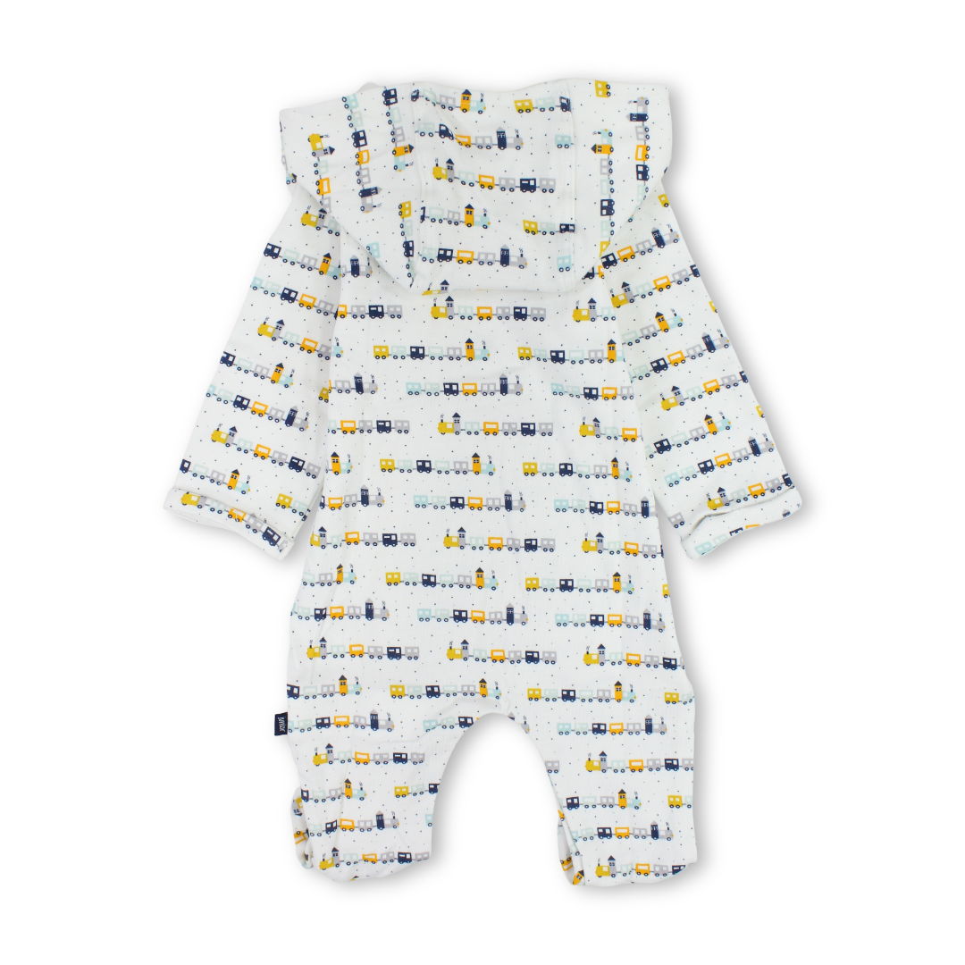 Baby Boys Cotton Baby Footie – Off-White with Trains Print