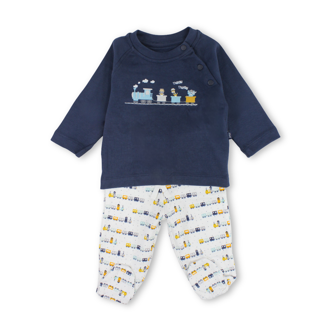 Baby Boys Cotton Pajama – Navy with Trains Print
