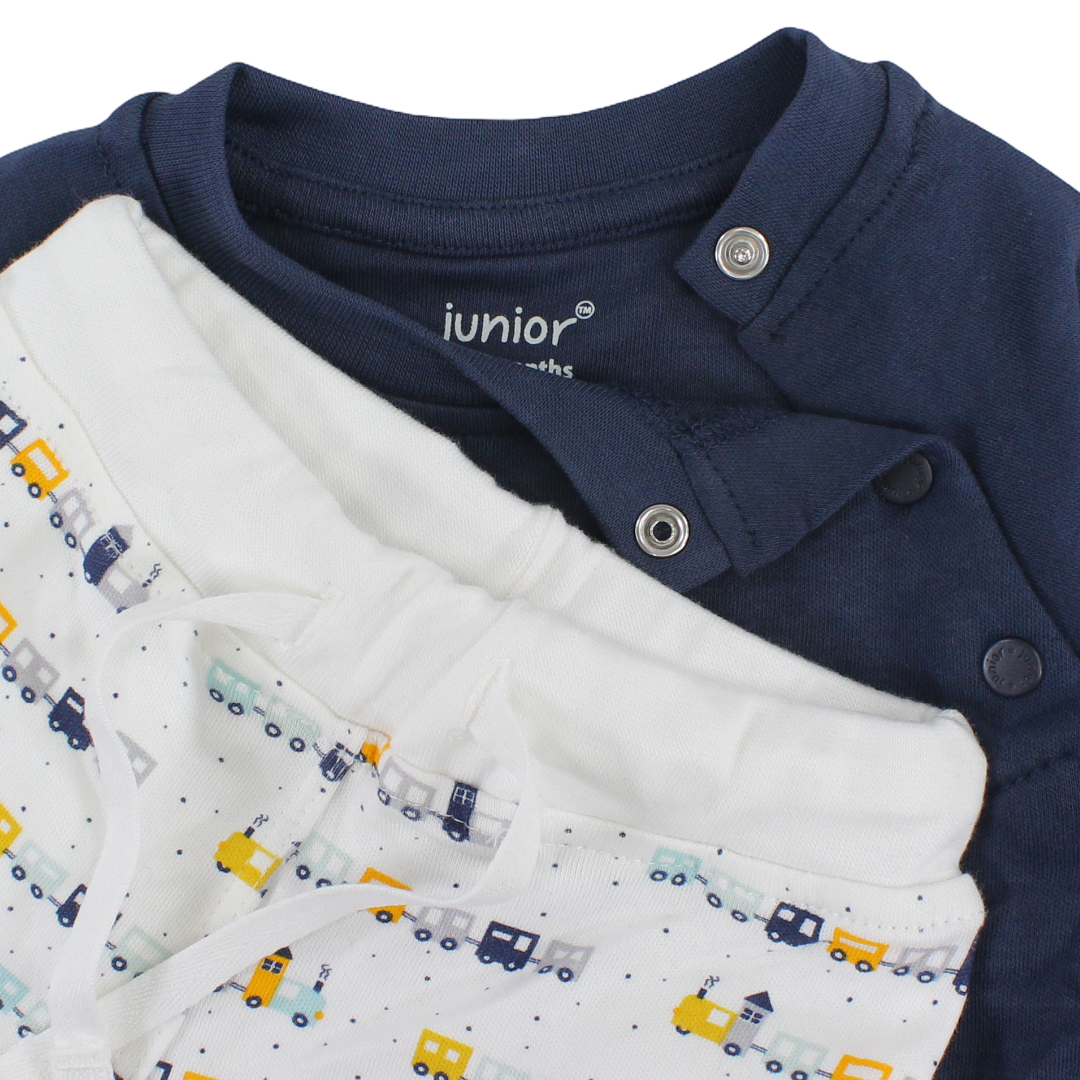 Baby Boys Cotton Pajama – Navy with Trains Print