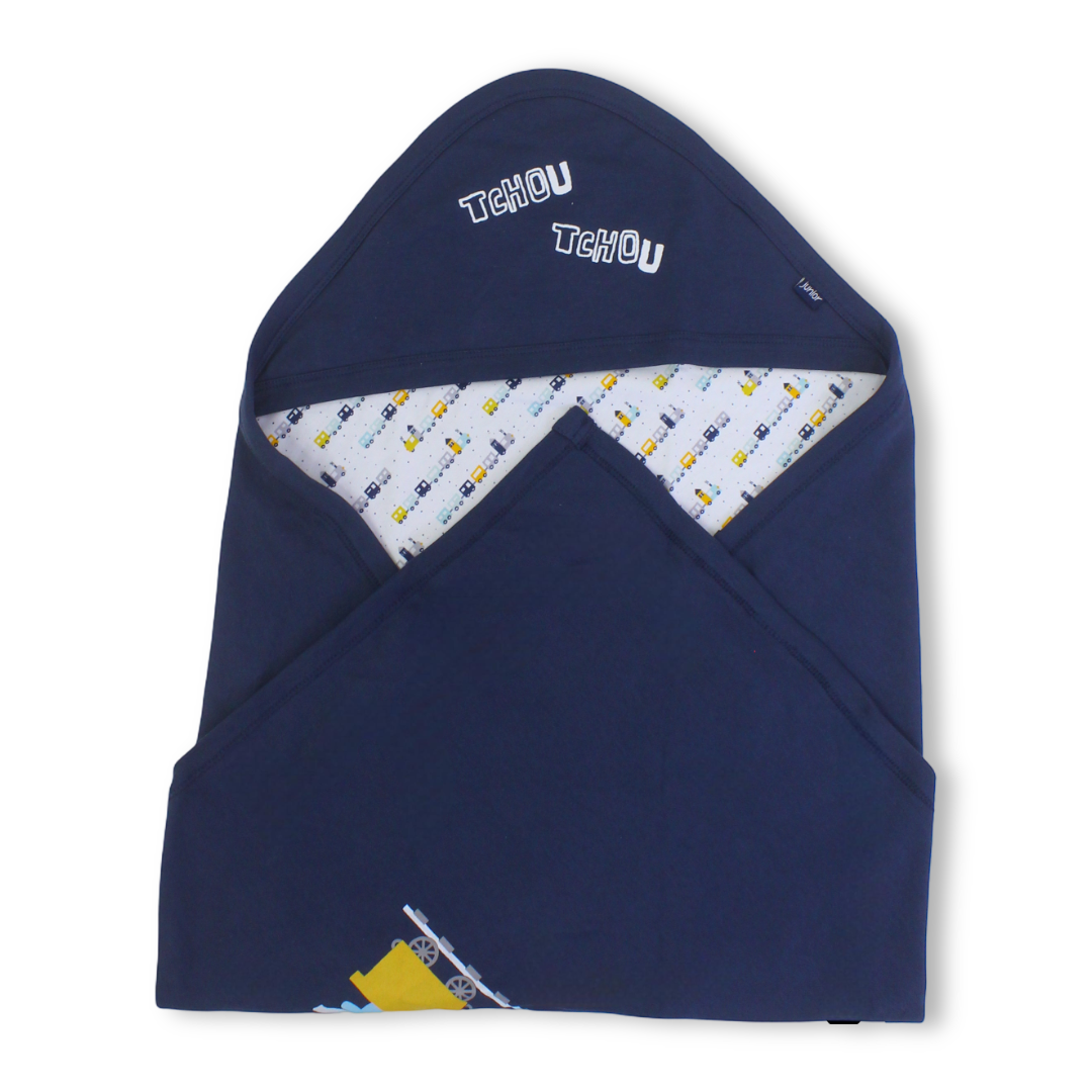 Cotton Baby Blanket – Navy with "Tchou Tchou" Print