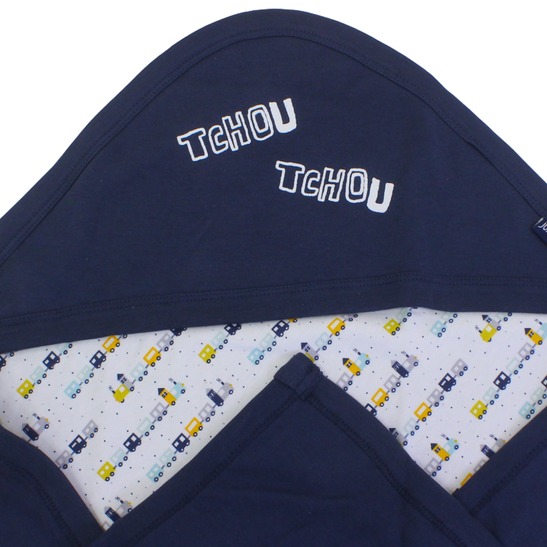 Cotton Baby Blanket – Navy with "Tchou Tchou" Print
