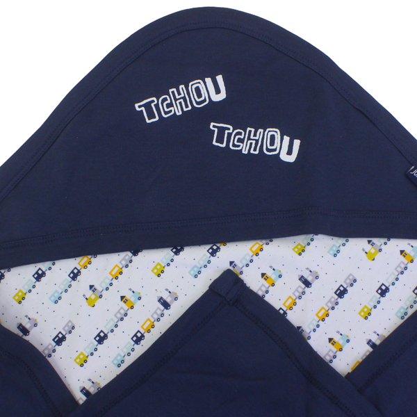 Cotton Baby Blanket – Navy with "Tchou Tchou" Print