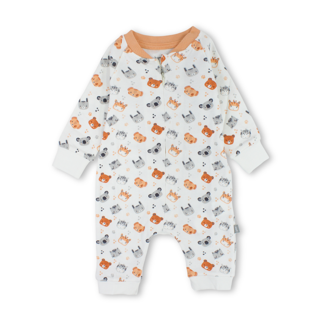 Baby Boys Cotton Footless Onesie – Off-White with Animals Print