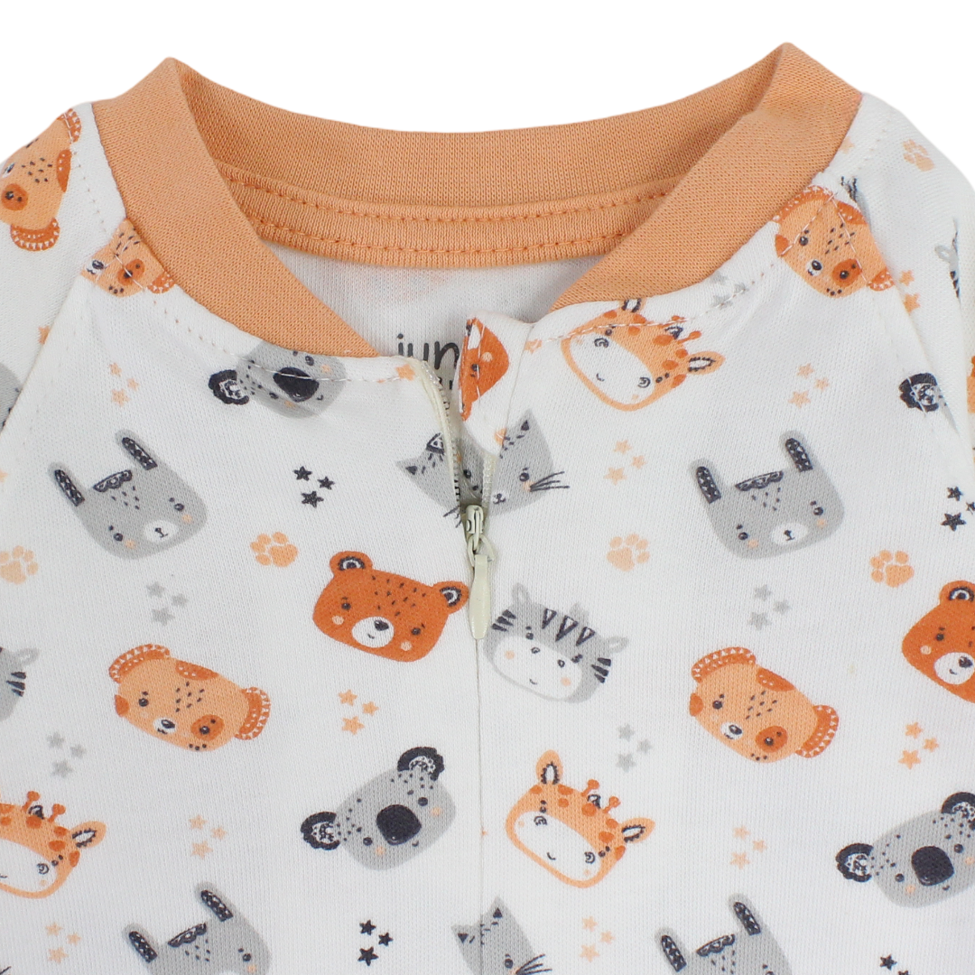 Baby Boys Cotton Footless Onesie – Off-White with Animals Print