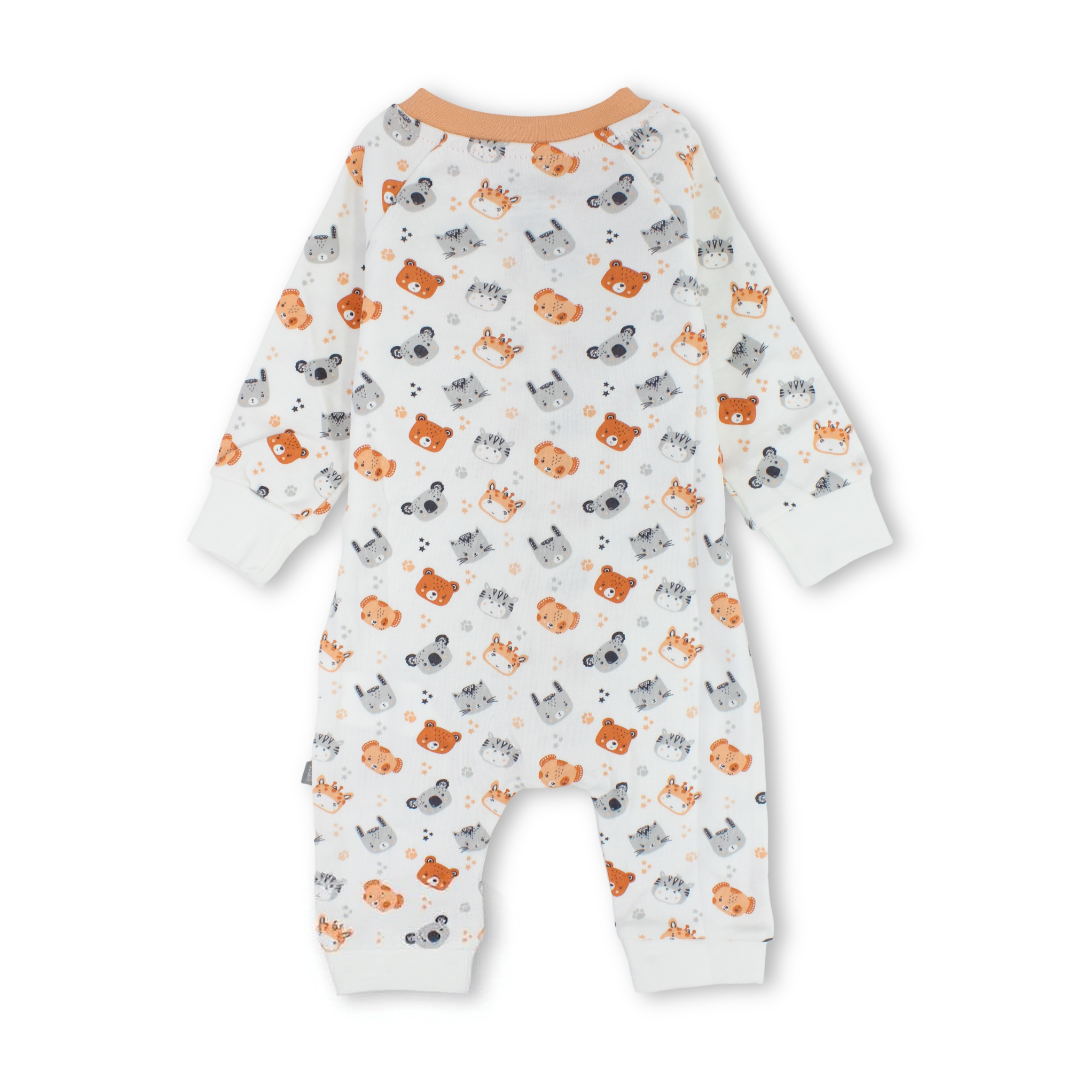 Baby Boys Cotton Footless Onesie – Off-White with Animals Print