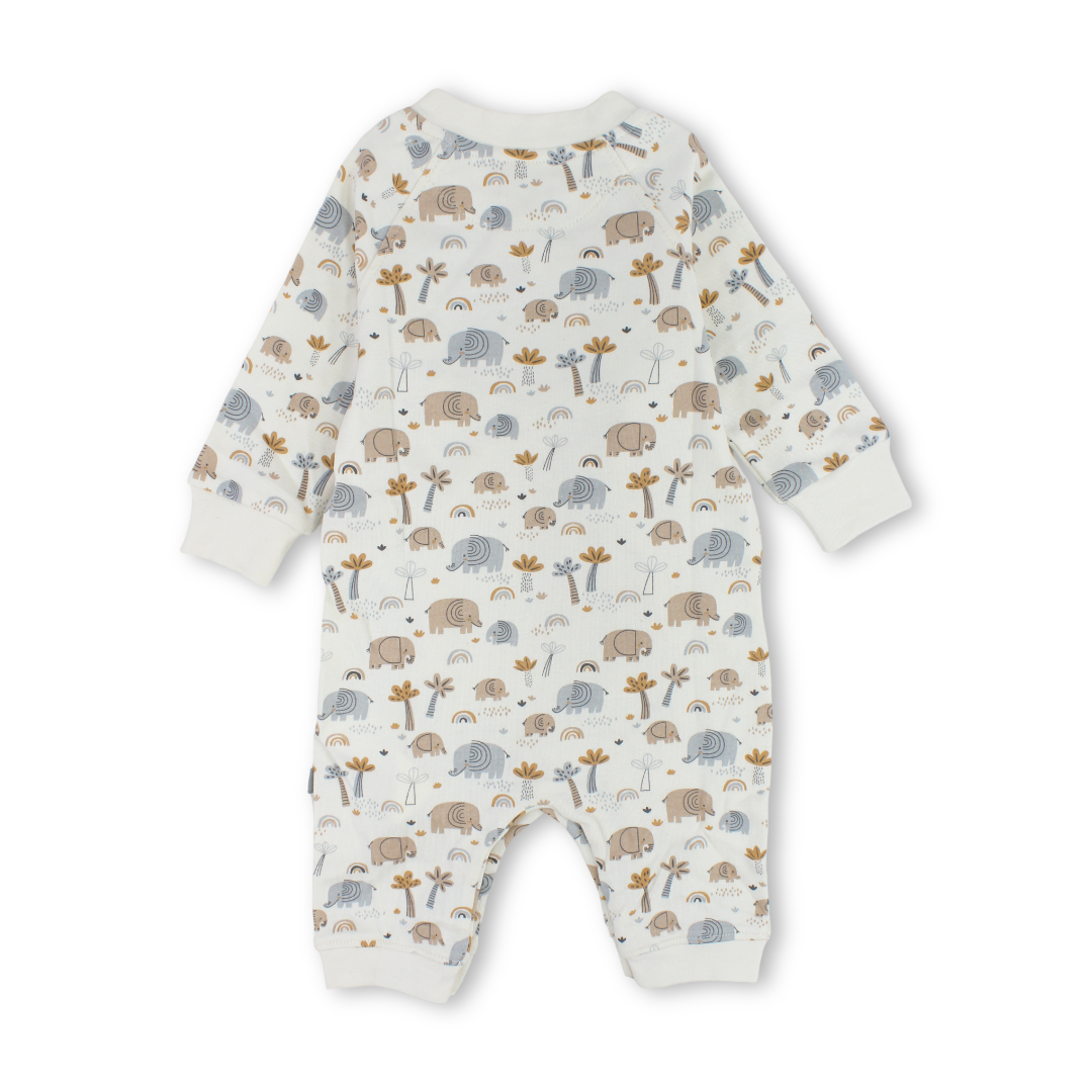 Baby Boys Cotton Footless Onesie – Off-White with Elephants Print