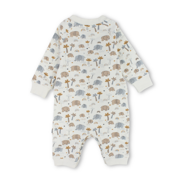 Baby Boys Cotton Footless Onesie – Off-White with Elephants Print