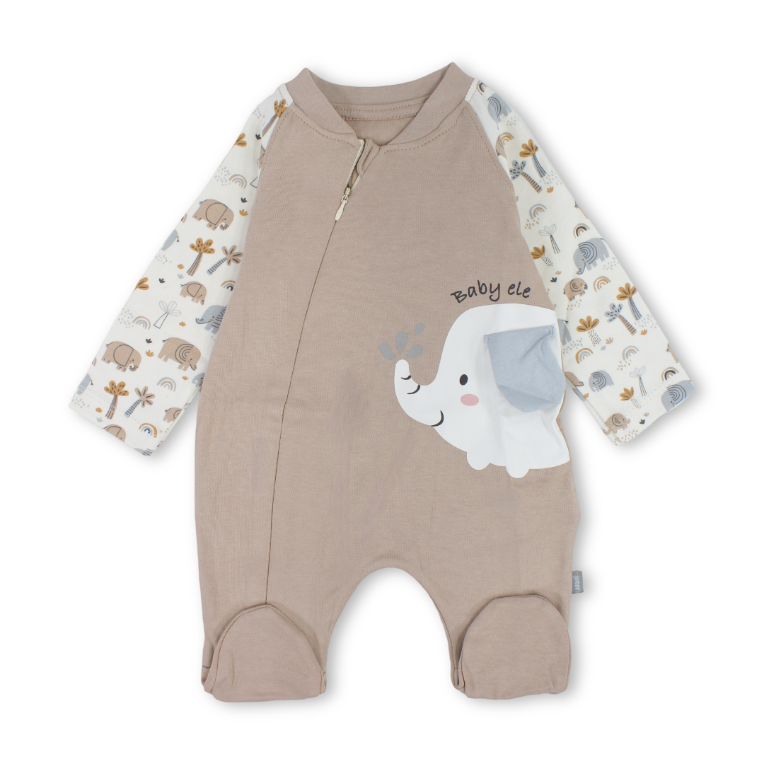 Baby Boys Cotton Baby Footie – Beige with Elephant Print