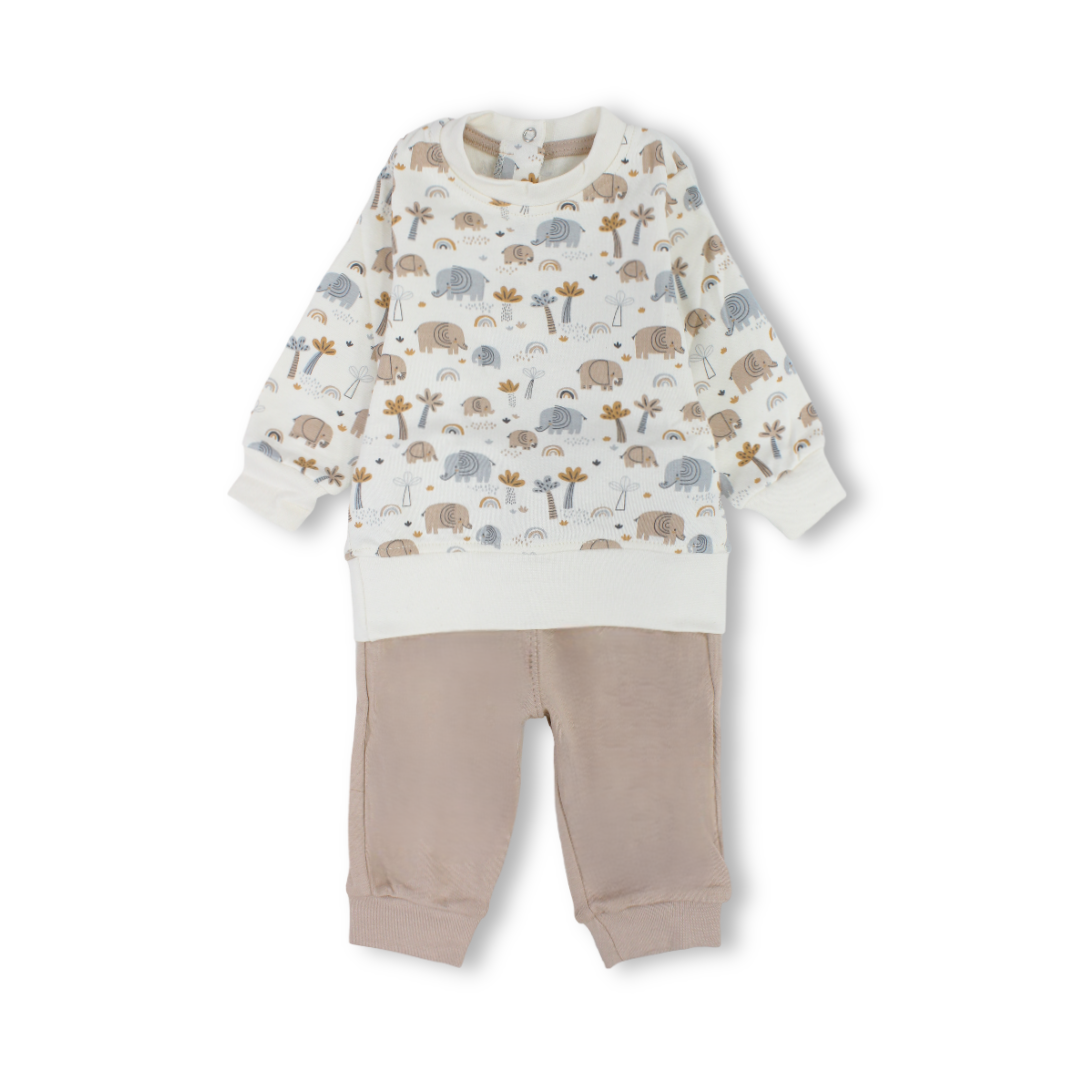 Unisex Baby Long-Sleeved Pajama Set – Off-White & Beige with Elephant Print