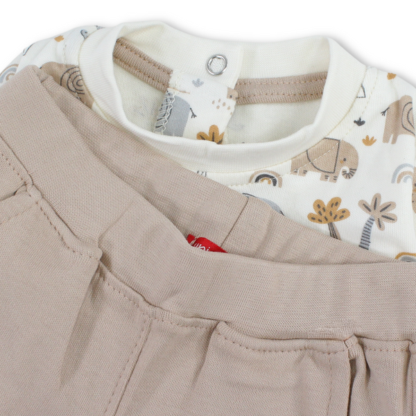 Unisex Baby Long-Sleeved Pajama Set – Off-White & Beige with Elephant Print