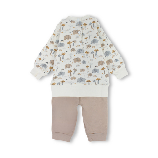 Unisex Baby Long-Sleeved Pajama Set – Off-White & Beige with Elephant Print