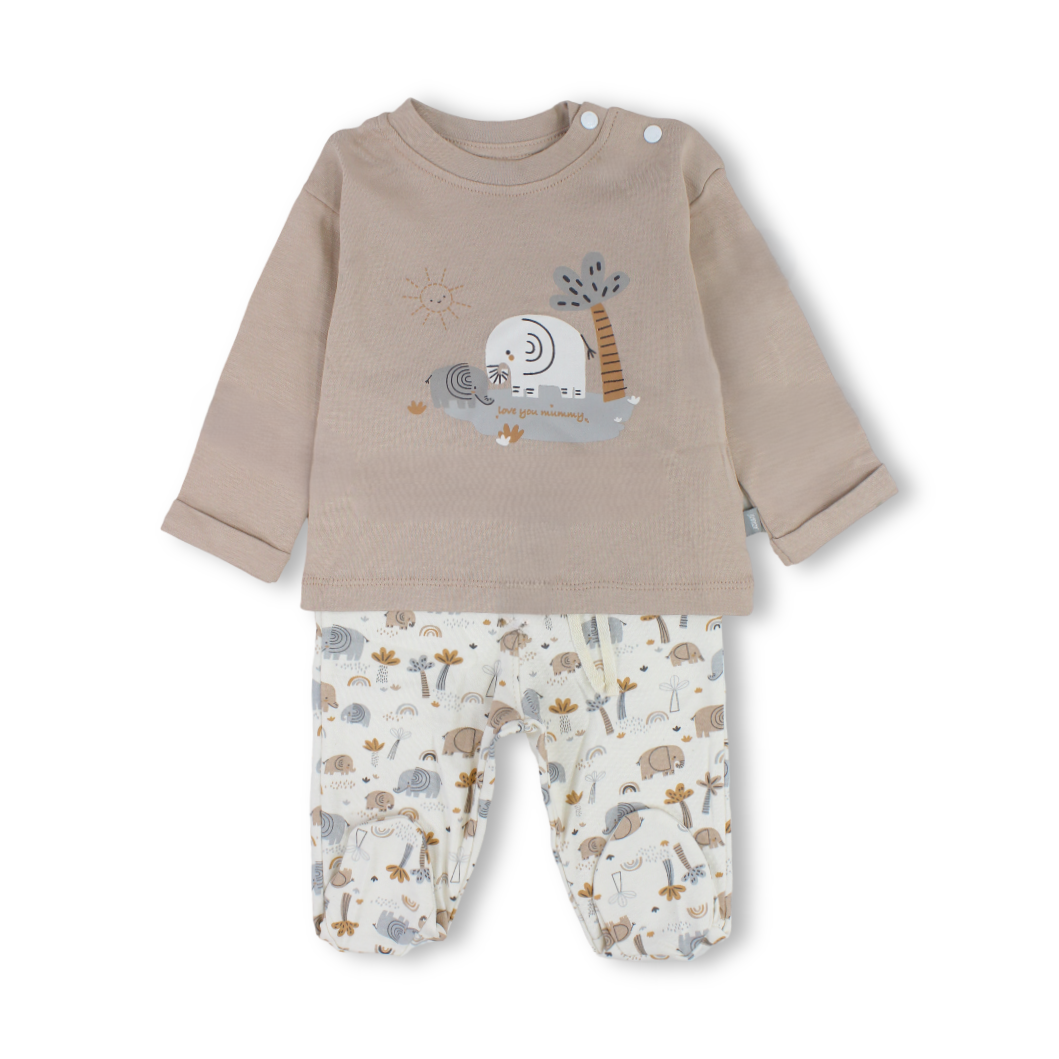 Unisex Baby Long-Sleeved Pajama Set – Beige & Off-White with Elephant Print