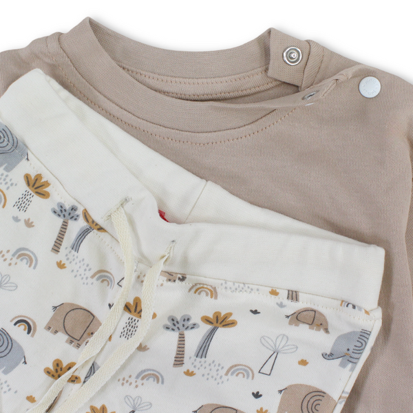 Unisex Baby Long-Sleeved Pajama Set – Beige & Off-White with Elephant Print