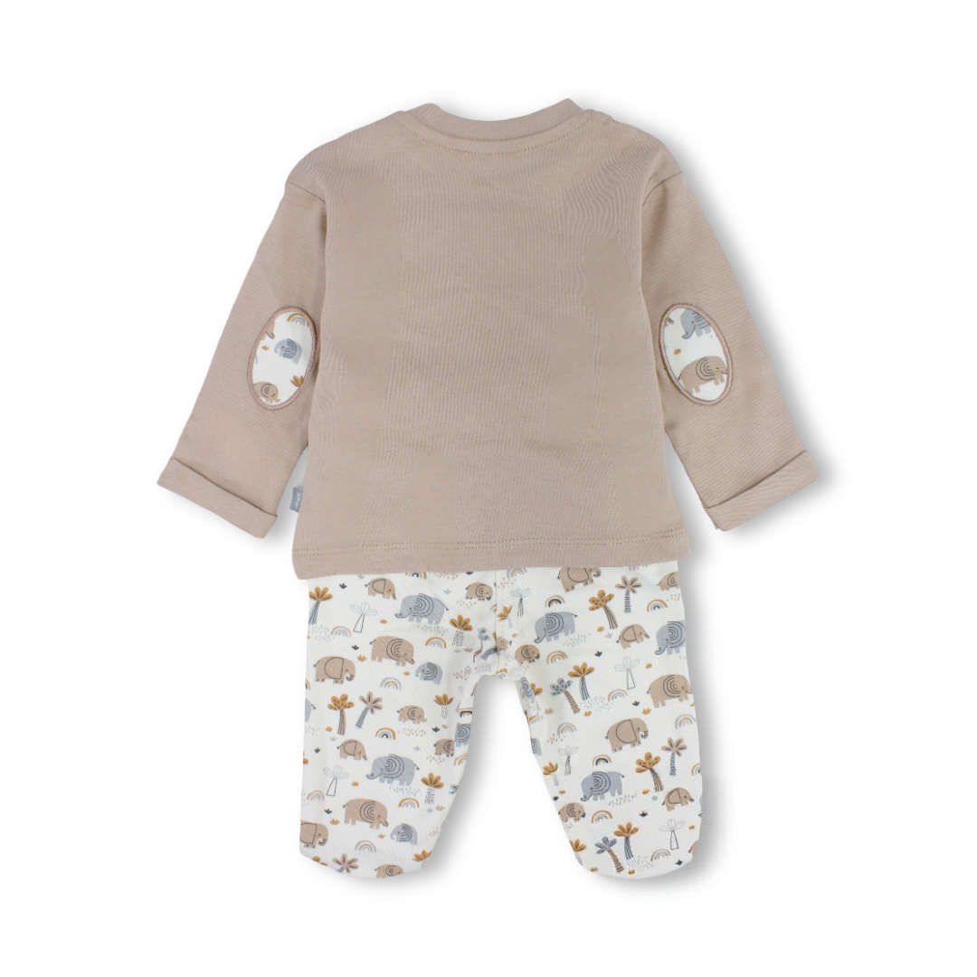 Unisex Baby Long-Sleeved Pajama Set – Beige & Off-White with Elephant Print