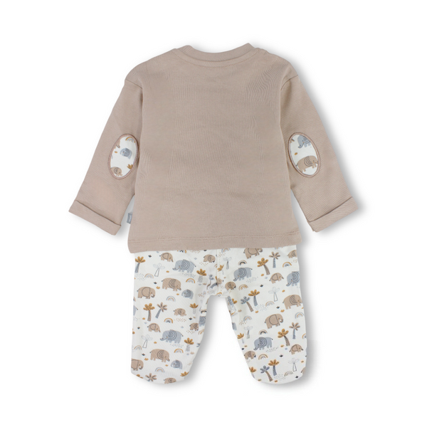 Unisex Baby Long-Sleeved Pajama Set – Beige & Off-White with Elephant Print