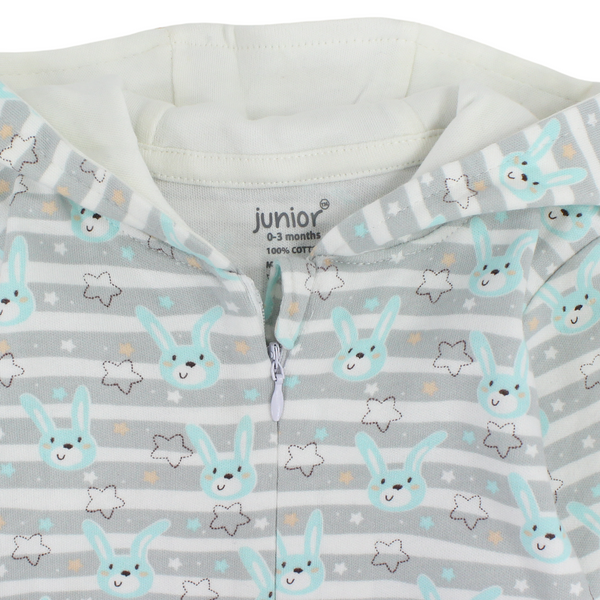 Baby Boys Cotton Hooded Baby Footie – Grey with Rabbits Print