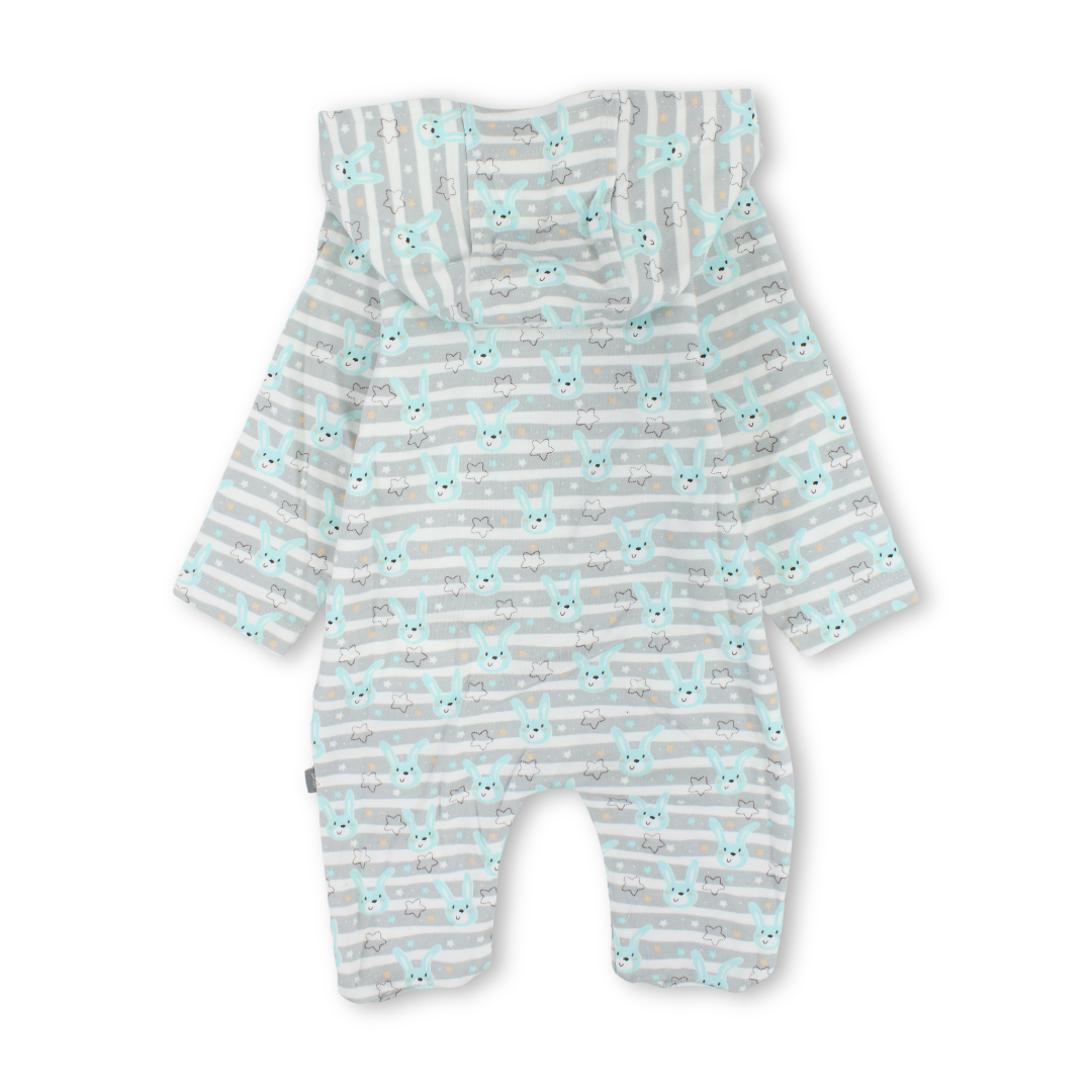 Baby Boys Cotton Hooded Baby Footie – Grey with Rabbits Print
