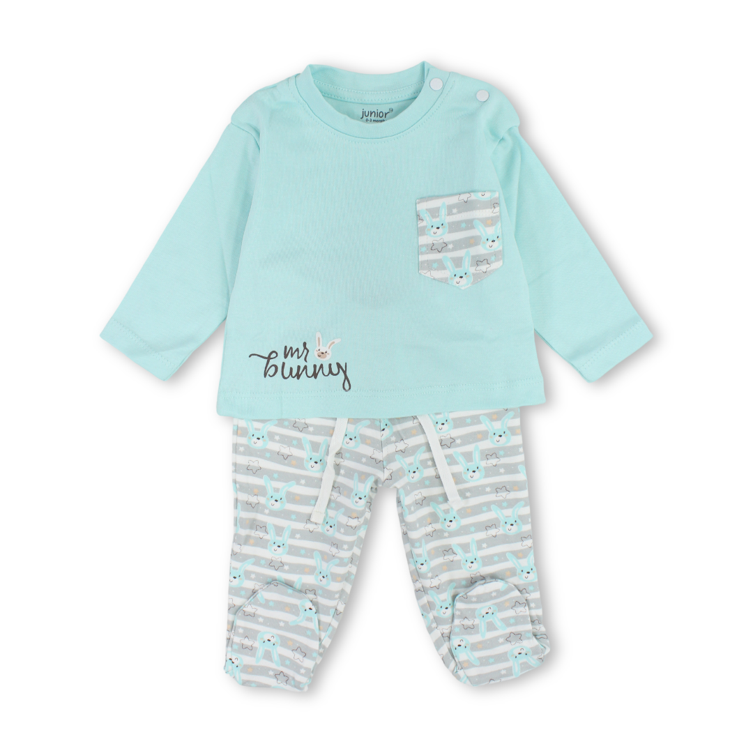 Baby Boys Cotton Pajama – Aqua with "Mr Bunny" Print