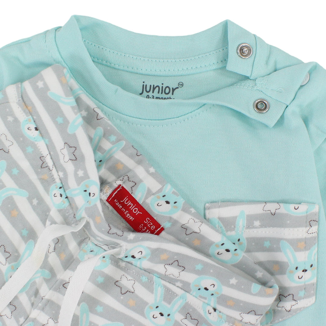 Baby Boys Cotton Pajama – Aqua with "Mr Bunny" Print