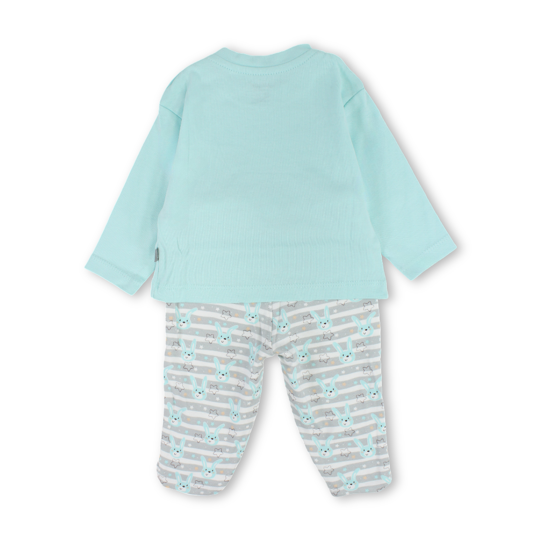Baby Boys Cotton Pajama – Aqua with "Mr Bunny" Print