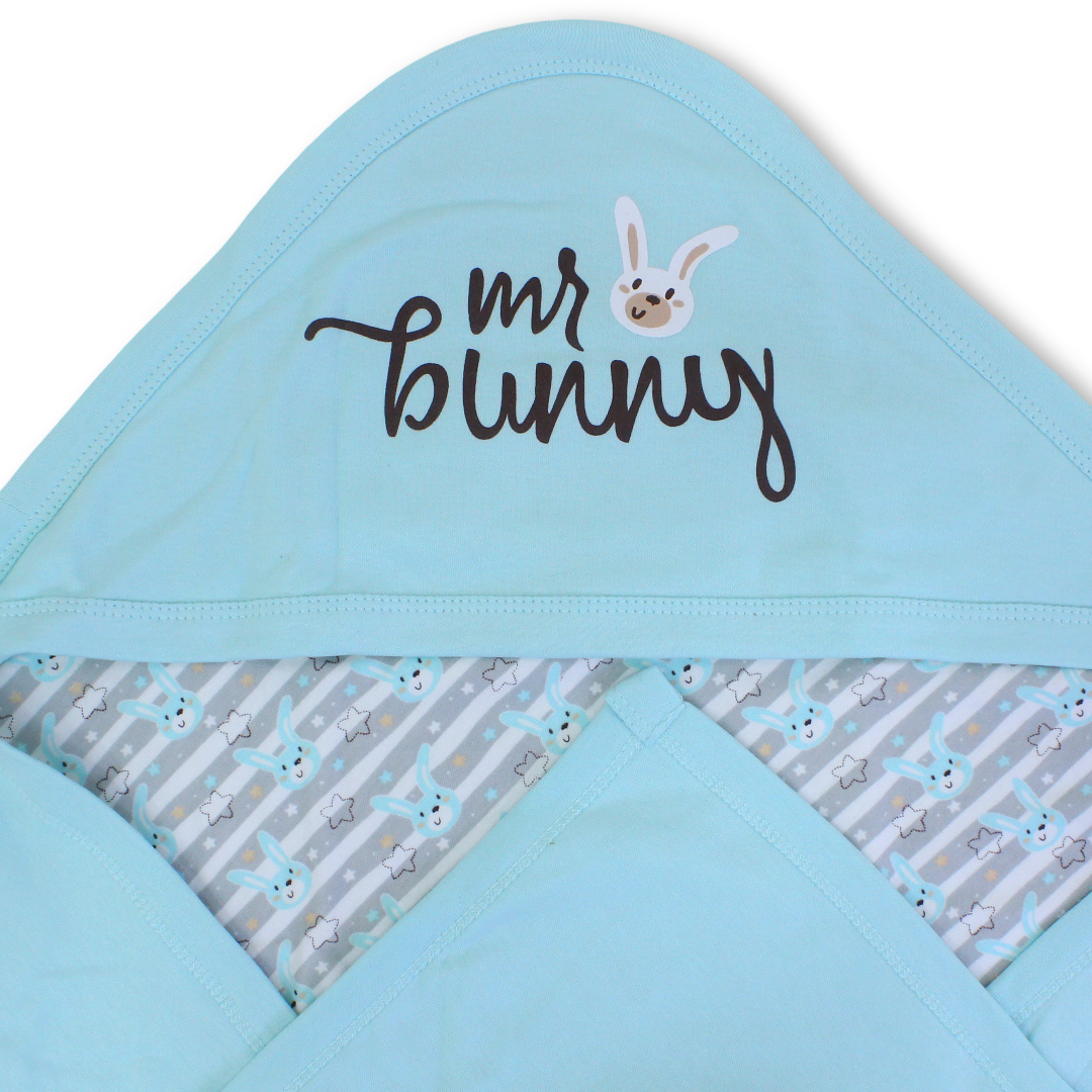 Baby Hooded Blanket – Baby Blue with Bunny Print