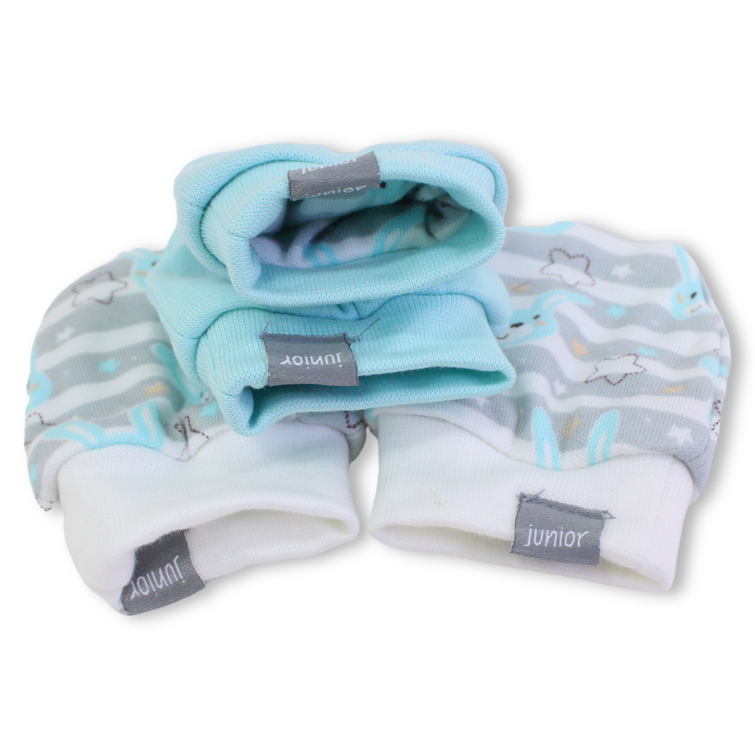 Baby Boys Cotton Hand Mittens – Aqua & Grey (Pack Of 2)