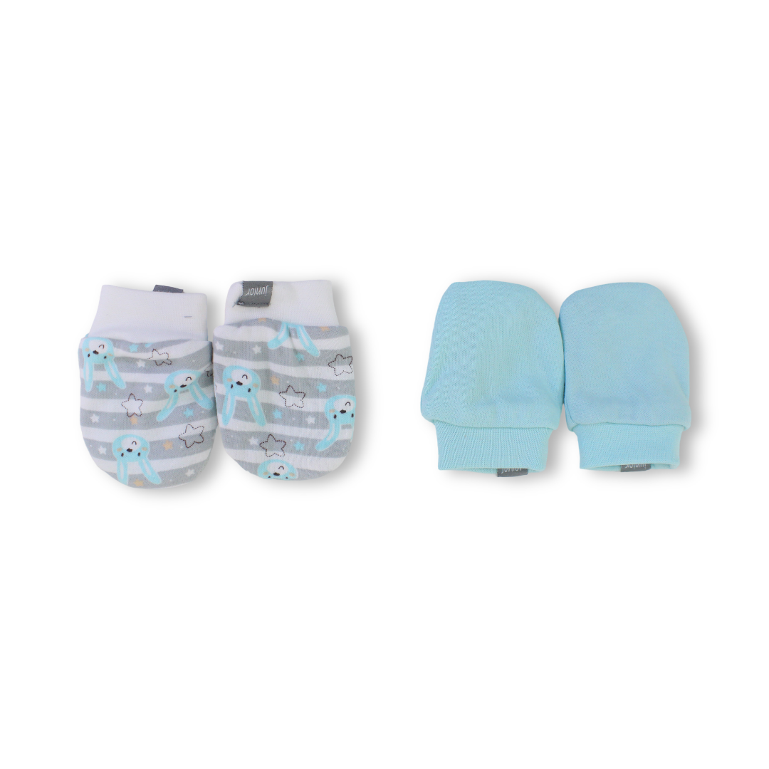 Baby Boys Cotton Hand Mittens – Aqua & Grey (Pack Of 2)