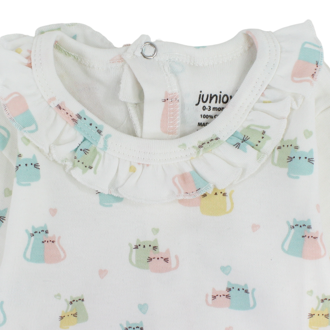 Baby Girls Cotton Baby Footie – Off-White with Cats Print