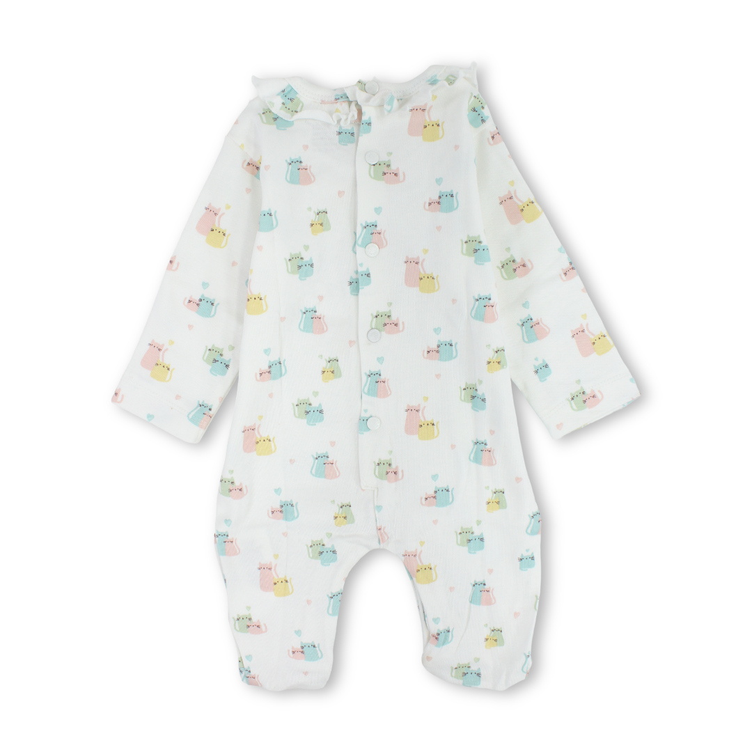Baby Girls Cotton Baby Footie – Off-White with Cats Print