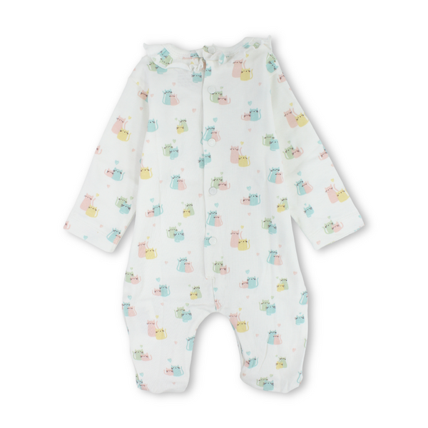 Baby Girls Cotton Baby Footie – Off-White with Cats Print