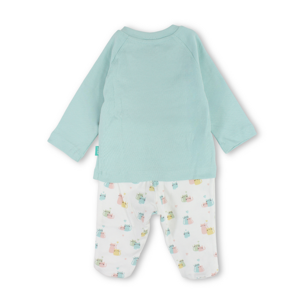 Baby Girls Cotton Pajama – Aqua with "Stay Paw-Sitive" Cat Print