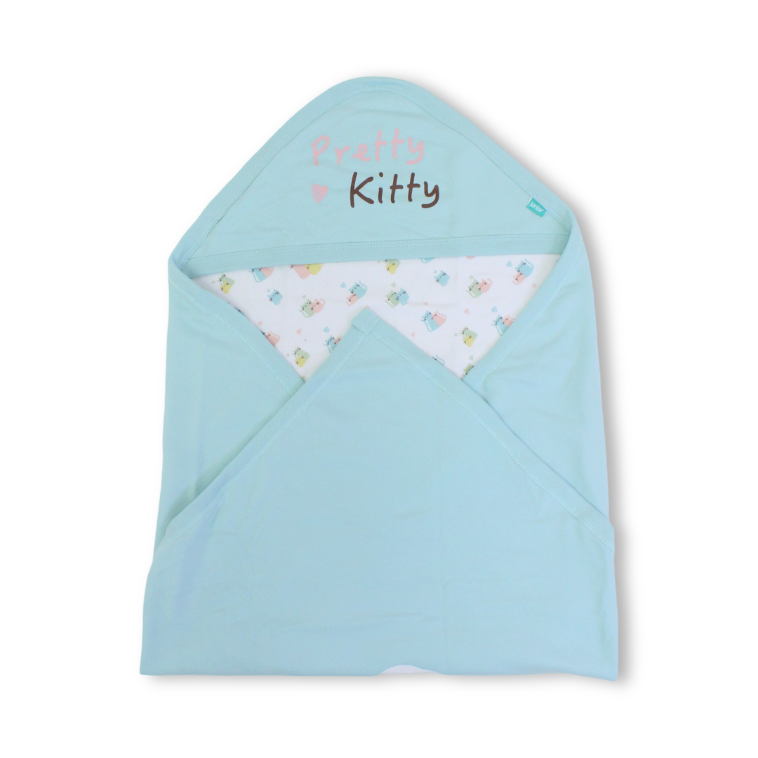 Cotton Baby Blanket – Aqua with "Pretty Kitty" Print