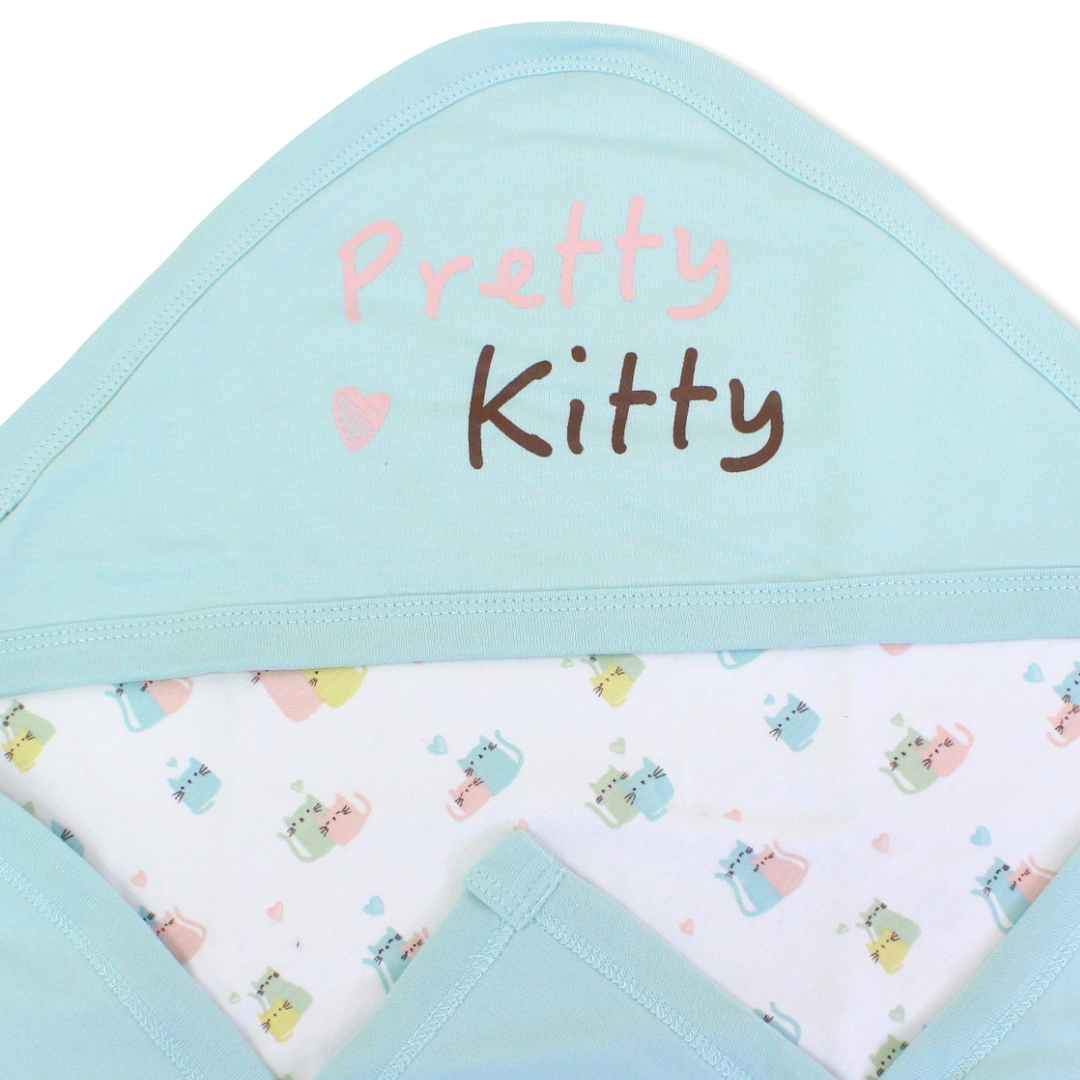Cotton Baby Blanket – Aqua with "Pretty Kitty" Print
