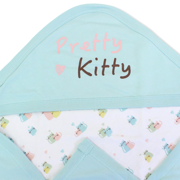 Cotton Baby Blanket – Aqua with "Pretty Kitty" Print