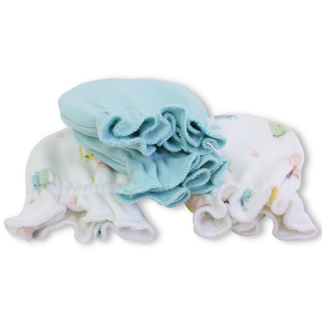 Baby Girls Cotton Hand Mittens – Aqua & Off-White (Pack Of 2)