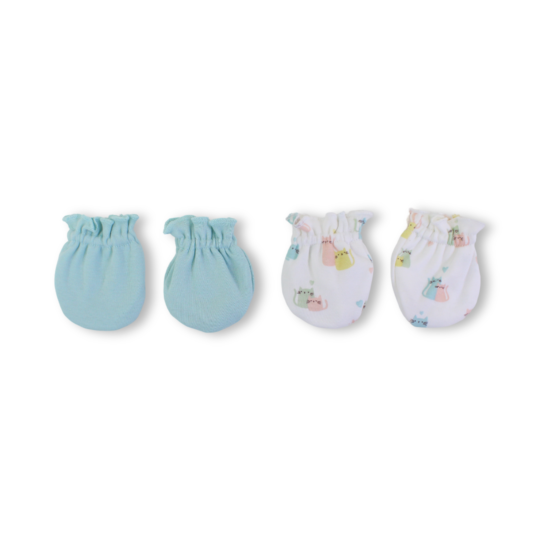 Baby Girls Cotton Hand Mittens – Aqua & Off-White (Pack Of 2)