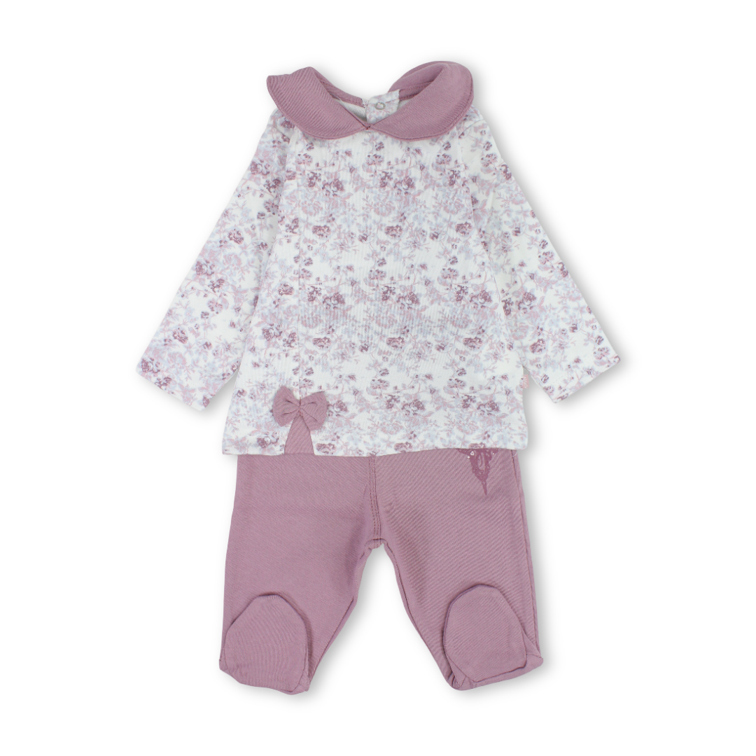 Baby Girls Cotton Pajama – Dusty Pink with Flowers Print