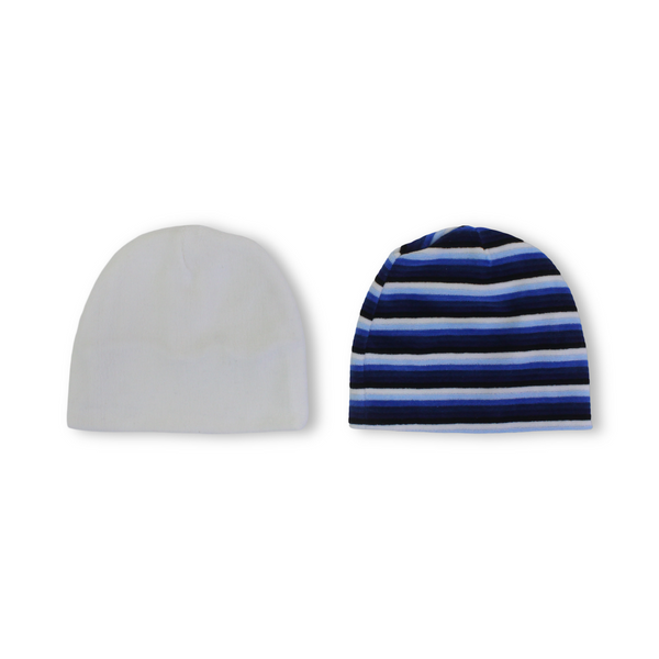 Baby Boys Velvet Beanie – Off-White & Blue (Pack Of 2)