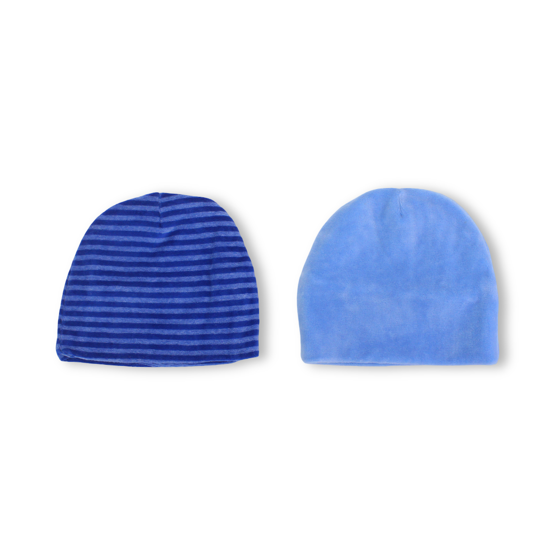 Baby Boys Velvet Beanie – Baby Blue & Blue (Pack Of 2)