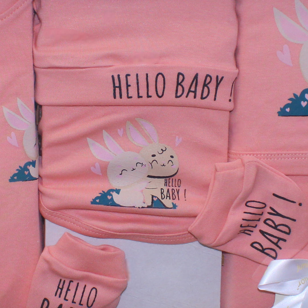 Baby Girls Cotton Gift Clothes Box – Pink with "Hello Baby" Print (5 Pcs)