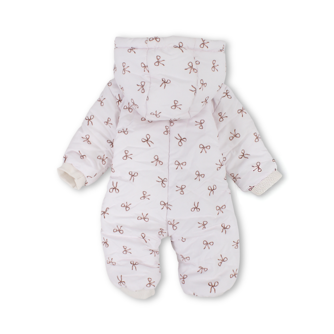 Baby Girls Waterproof Hooded Baby Footie Onesie – Pink with Bow Print