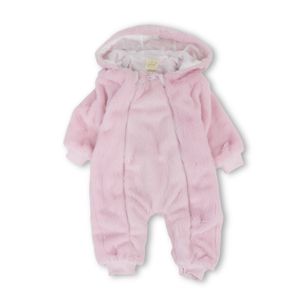 Baby Girls Fleece Hooded Baby Footie – Pink with Fur Print