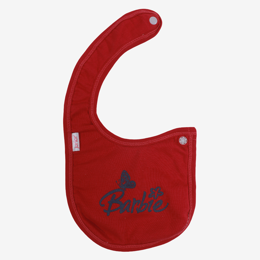 Baby Cotton Bib – Red with "Barbie" Design