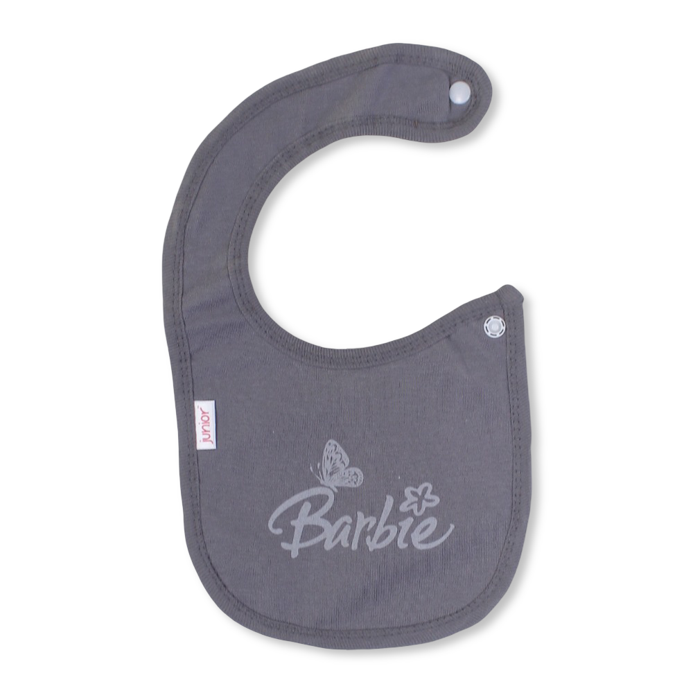 Cotton Baby Bib – Grey with "Barbie" Design