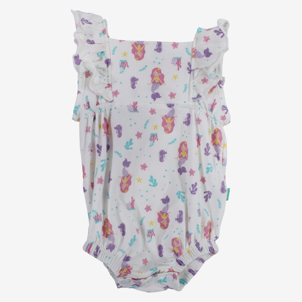 Baby Girls Cotton Romper – Off-White with Mermaid Design