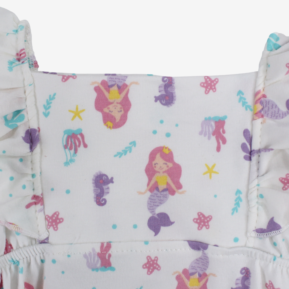 Baby Girls Cotton Romper – Off-White with Mermaid Design