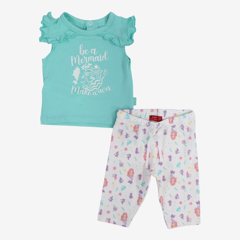 Baby Girls Cotton Pajama Set – Aqua with Mermaid Design
