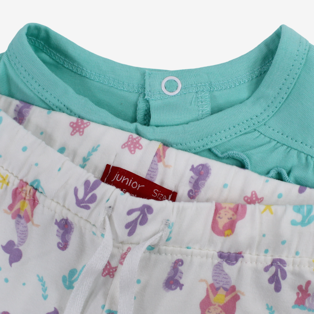 Baby Girls Cotton Pajama Set – Aqua with Mermaid Design