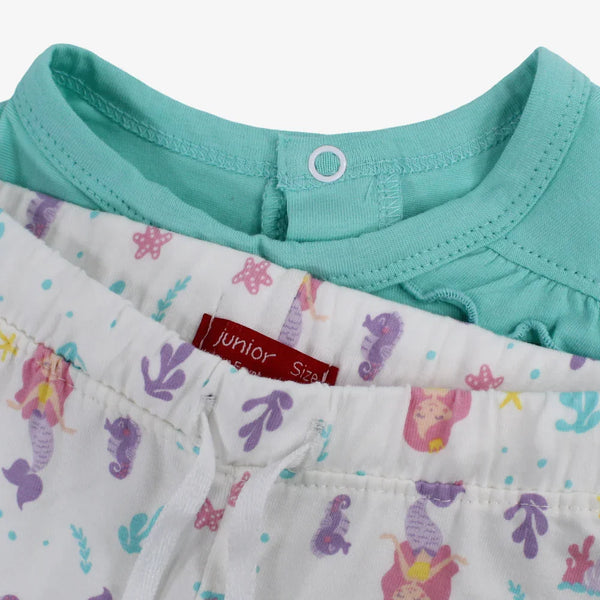 Baby Girls Cotton Pajama Set – Aqua with Mermaid Design