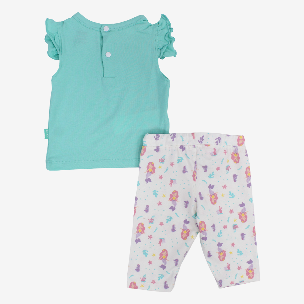 Baby Girls Cotton Pajama Set – Aqua with Mermaid Design